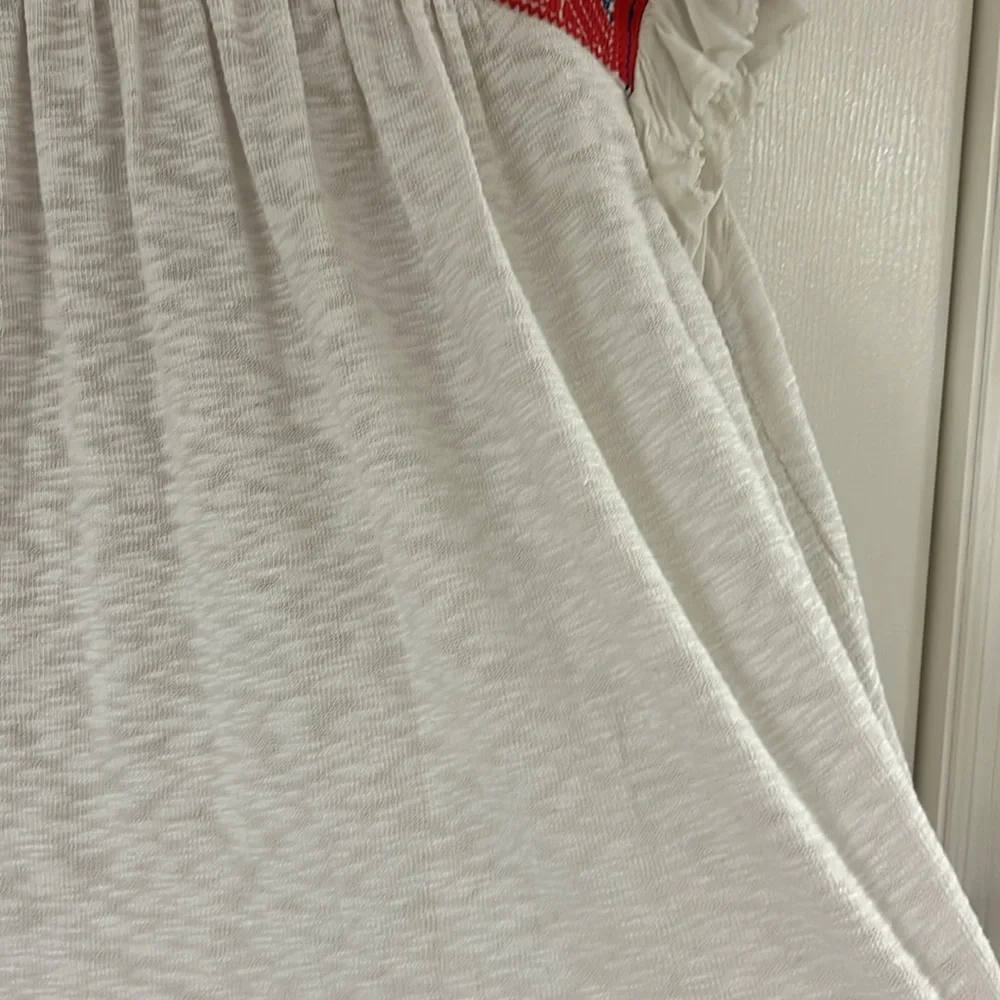 Anthropologie White Top with Red & Blue Embroidered Yoke